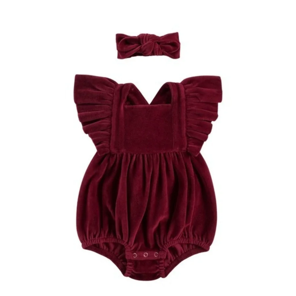 NWT Kate Quinn Velvet Ruffle Strap Bubble Romper w/ Headband Redwood 12-18 month